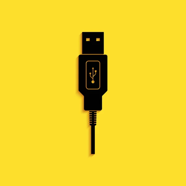 Schwarzes Usb Kabelsymbol Isoliert Auf Gelbem Hintergrund Stecker Und Buchsen — Stockvektor