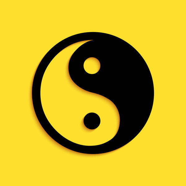 Black Yin Yang symbol of harmony and balance icon isolated on yellow background. Long shadow style. Vector.
