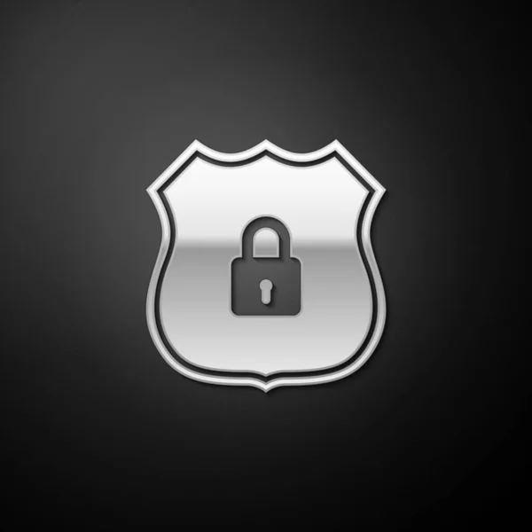 Silver Shield Beveiliging Met Slot Pictogram Geïsoleerd Zwarte Achtergrond Beveiliging — Stockvector