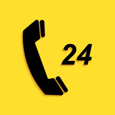 Siyah Telefon 24 saat boyunca sarı arka planda izole edilmiş ikon desteği. Tüm gün müşteri destek merkezi. Uzun gölge tarzı. Vektör.