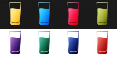 Siyah ve beyaz arkaplanda izole edilmiş su ikonu olan bir cam ayarla. Soda bardağı. Vektör.