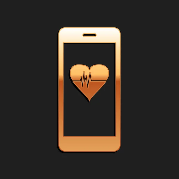 Gold Smartphone Heart Rate Monitor Function Icon Isolated Black Background — Stock Vector