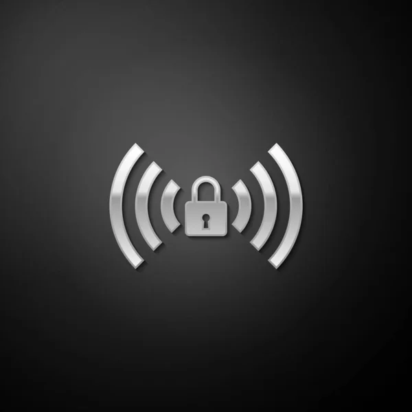 Icono Signo Bloqueado Wifi Plateado Aislado Sobre Fondo Negro Contraseña — Vector de stock