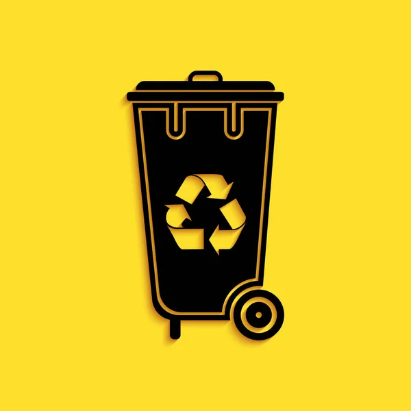 Schwarzer Papierkorb Mit Recycling Symbol Auf Gelbem Hintergrund Mülleimer Symbol — Stockvektor