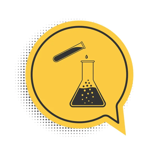 黑色试管和烧瓶化学实验室测试图标隔离在白色背景下 实验室玻璃器皿标志 黄色的语音泡沫符号 — 图库矢量图片