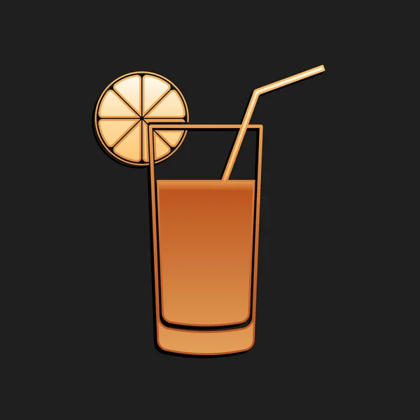 Goud Glas Sap Pictogram Geïsoleerd Zwarte Achtergrond Sinaasappelschijfje Tube Drinken — Stockvector