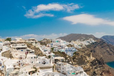 Santorini Adası Yunanistan. Panoramik görünümü. Turizm. Yaz.