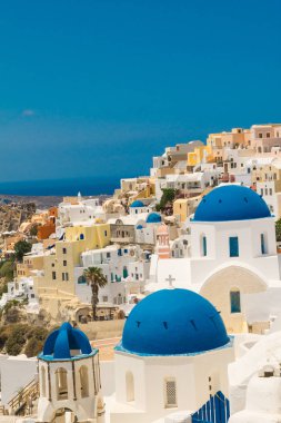Santorini Adası Yunanistan. Panoramik görünümü. Turizm. Yaz.