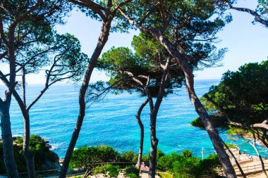 İspanya People. Costa Brava tatil. Mavi dalgalar ve kayalar. Sandy beach.