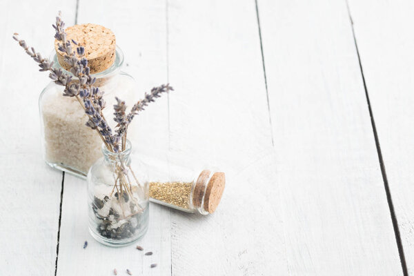 Lavender dried flowers with sea salt. Space for text.