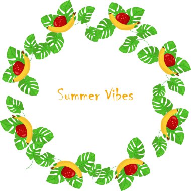 Çerçevedeki muz, ananas, çilek ve canavar yapraklarının oluşturduğu yaz titreşimleri..