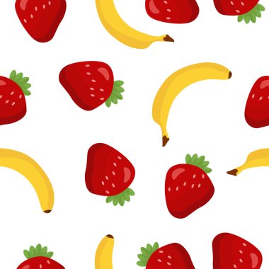 Muz ve çilek pürüzsüz desen bırakır. Vektör çizimi. Kağıt ve tekstil tasarımı.