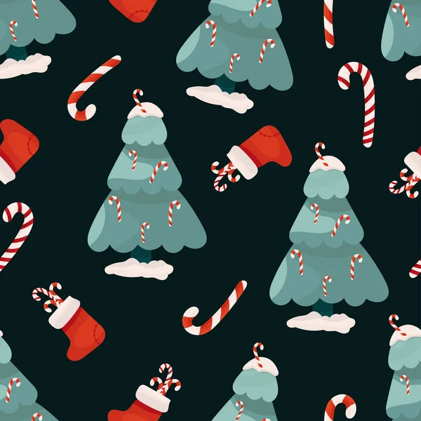 Árbol de Navidad, bastones de caramelo y calcetines vector patrón sin costuras sobre fondo oscuro profundo. Vacaciones. — Archivo Imágenes Vectoriales