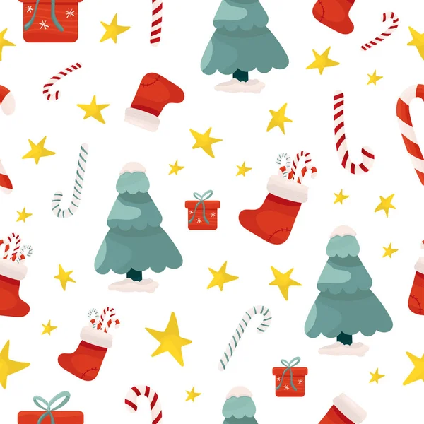 クリスマスツリー、キャンディーの杖と靴下ベクトルシームレスパターン上の白い背景. — ストックベクタ
