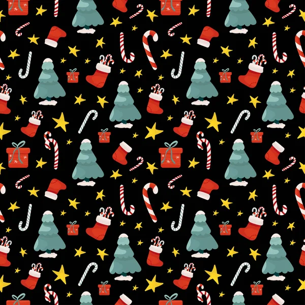 Árbol de Navidad, bastones de caramelo, calcetines y patrón sin costuras de regalo sobre fondo negro. Vacaciones. — Archivo Imágenes Vectoriales