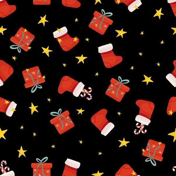 Κουτιά δώρων, αστέρια και κόκκινες χριστουγεννιάτικες κάλτσες χωρίς ραφή μοτίβο. Σχεδιασμός διανύσματος χαρτιού και υφασμάτων. — Διανυσματικό Αρχείο