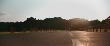 Olgun erkek Golden Retriever manzaralı kırsal yol boyunca yürüyor, San Juan Manastırı 'nı aydınlatan altın gün batımı