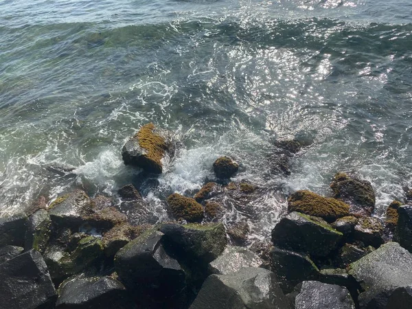 Sahilde deniz dalgaları ve kayalar