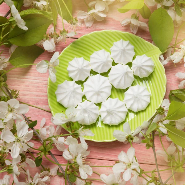 Grön skylt med vita maränger, på rosa styrelser, omgiven av vita blommor, koncept — Stockfoto