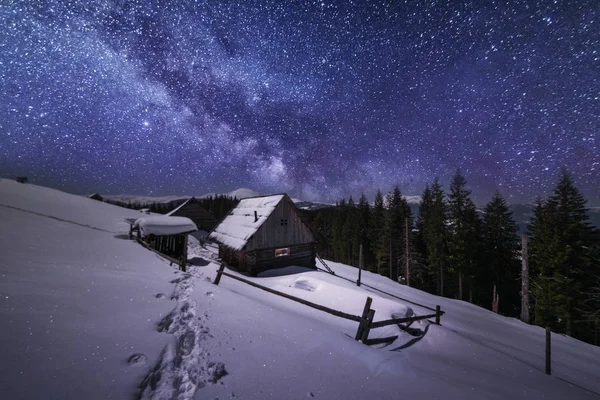 Fairytale Landscapes Winter Carpathian Mountains Charming Milky Way Sky Tourist — Stockfoto