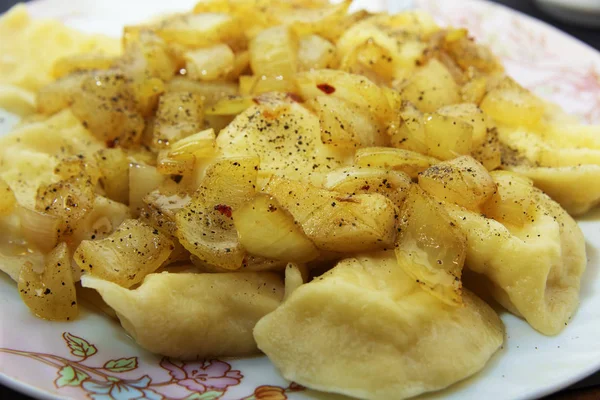 Dishes Ukrainian National Cuisine Including Dumplings Fried Onions Sour Cream — Stock Photo, Image