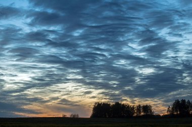 Tarlaların üzerinde dramatik bir gökyüzü. Doğu Litvanya 'da tarım arazisi.