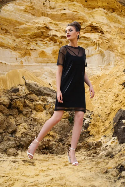 Fashion Model Wearing Dress Posing Quarry — Stock Photo, Image