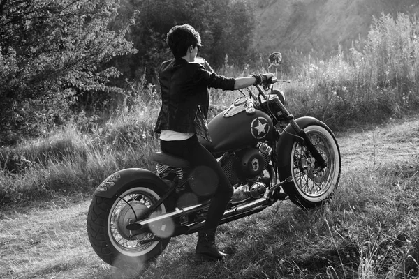 Attractive Stylish Dangerous Girl Posing Bike Deserted Nature Black White — Stock Photo, Image