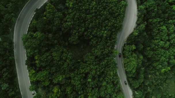 Statische Draufsicht Luftaufnahme Verkehr auf kurvenreichen Asphaltstraßen umgeben von hügeligem Gelände und Wald — Stockvideo