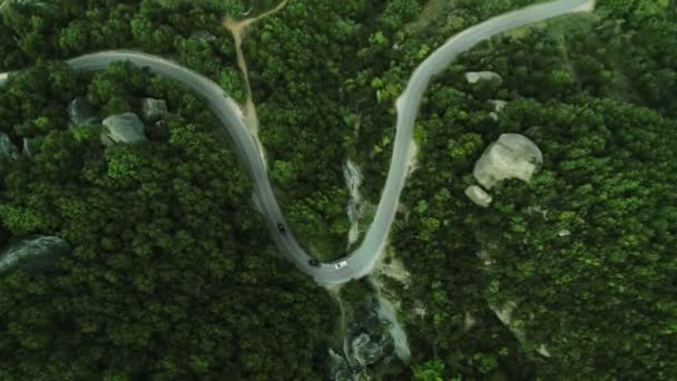 Top view aerial shot traffic of motor transport moving along an asphalt winding road — Stock Video