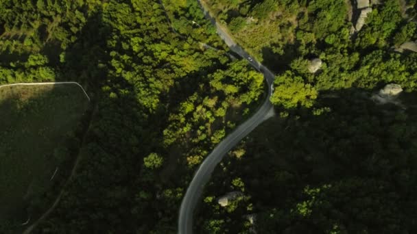 Aereo colpo di trasporto a motore autobus e auto in movimento lungo tortuosa strada asfaltata al tramonto a valle — Video Stock