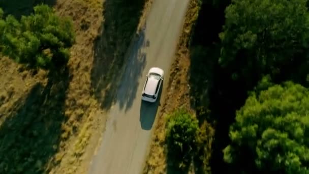 Luchtfoto shot bovenaanzicht witte grote Suv auto rijden land asfalt weg bij zonsondergang — Stockvideo