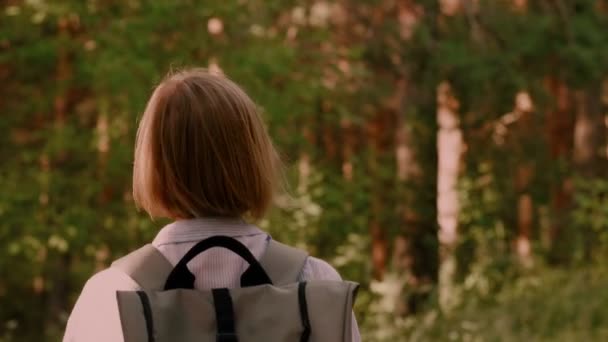 Bakom Visa trekking aktiv kvinna som bär ryggsäck gå på sommaren skog — Stockvideo