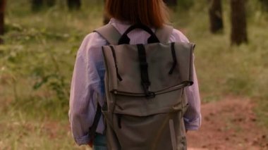 Back view carefree backpacker woman enjoying amazing landscape of green forest tilt up