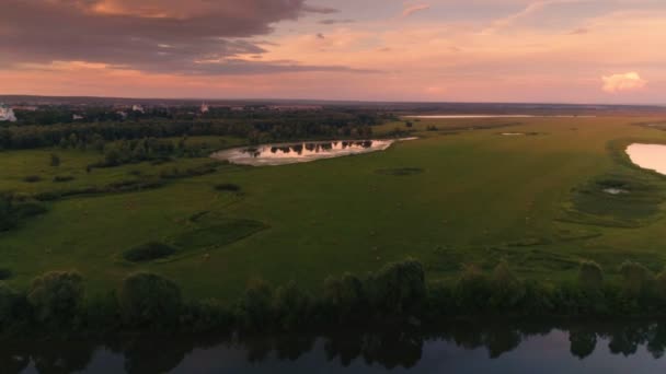 Tiro aéreo voando sobre a paisagem do rio no vale natural ao pôr-do-sol escarlate — Vídeo de Stock