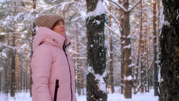 Seitenansicht ziemlich aktive weibliche Bewunderung erstaunlichen Baum im Winter Waldpark statische Aufnahme — Stockvideo