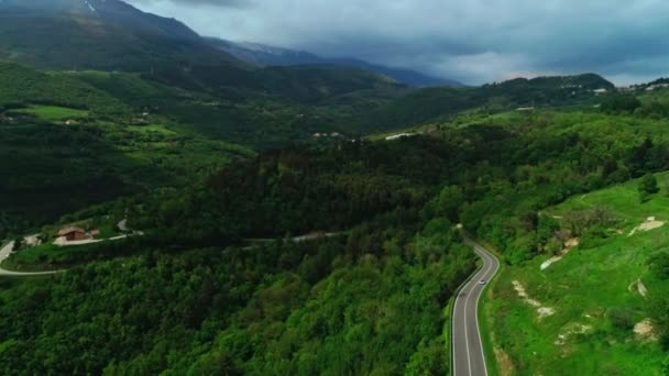 空中拍摄飞过美丽的天然森林公园与沥青公路和移动的汽车 — 图库视频影像