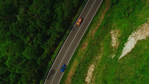 Vue de dessus statique tourné autoroute asphalte moderne avec des voitures en mouvement entouré par la forêt dense verte — Video