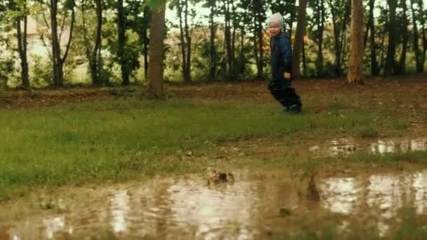 Щасливий грайливий хлопчик насолоджується бігом на зеленій траві в літньому лісовому парку — стокове відео