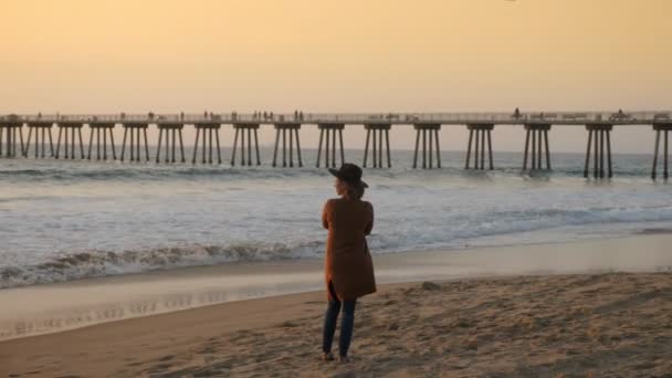 在夕阳西下，戴着帽子的旅行妇女欣赏着令人惊奇的海浪，她正凝视着海景 — 图库视频影像