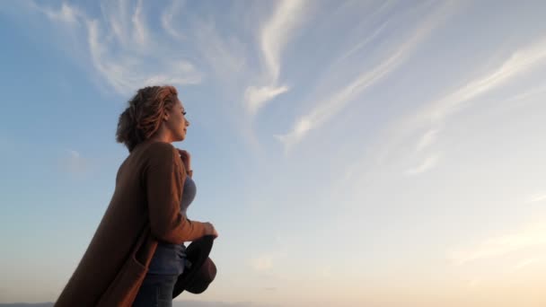 Agradável fêmea relaxante admirando incrível céu azul claro cenário desfrutando de liberdade vista lateral — Vídeo de Stock