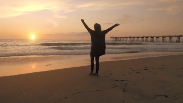 Viagem menina levantando as mãos desfrutando de liberdade na praia pôr do sol câmera lenta mulher dançando onda do mar — Vídeo de Stock