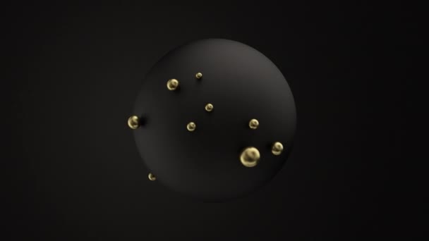 Маленькі золоті кульки покриваються і рухаються на матовій поверхні величезної чорної сфери ізольовані — стокове відео