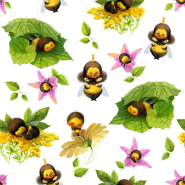seamless pattern, drawing bees on white background