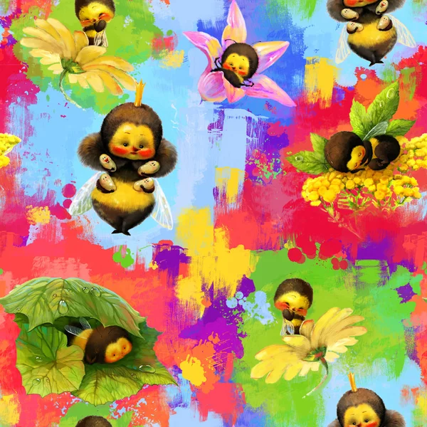 seamless pattern, drawing bees on colored painted background