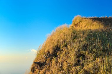 Mavi gökyüzü çimlerle dolu uçurum manzarası