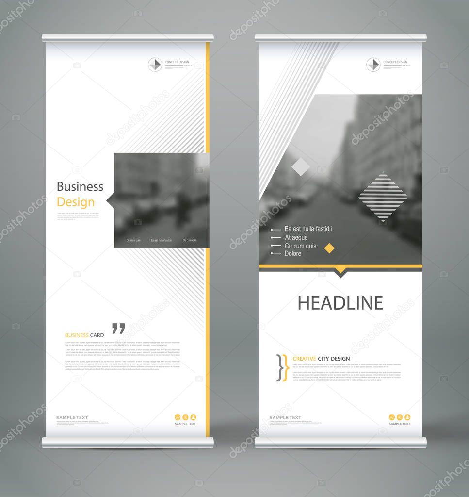 Abstract composition. White roll up brochure cover design. Info banner frame. Text font. Title sheet model set. Modern vector front page. City view brand flag. Triangle figures icon. Ad flyer