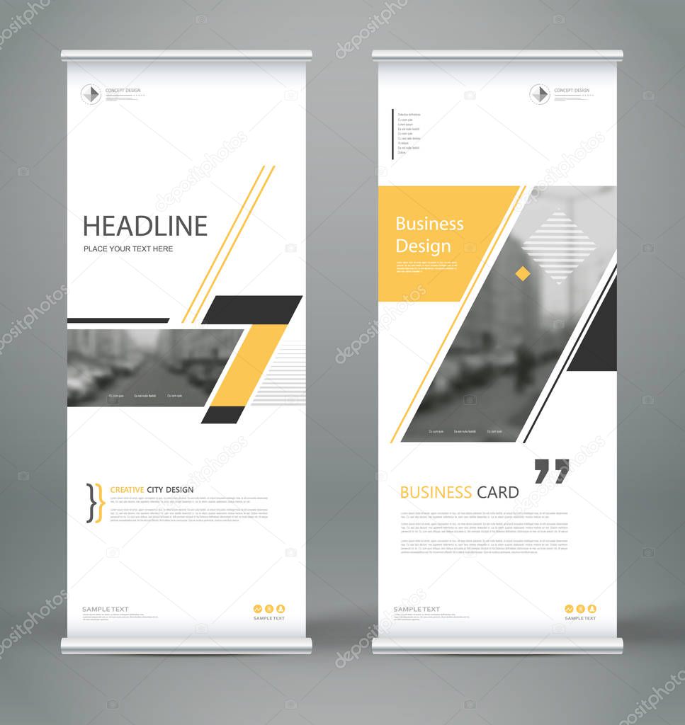 Abstract composition. White roll up brochure cover design. Info banner frame. Text font. Title sheet model set. Modern vector front page. City view brand flag. Triangle figures icon. Ad flyer