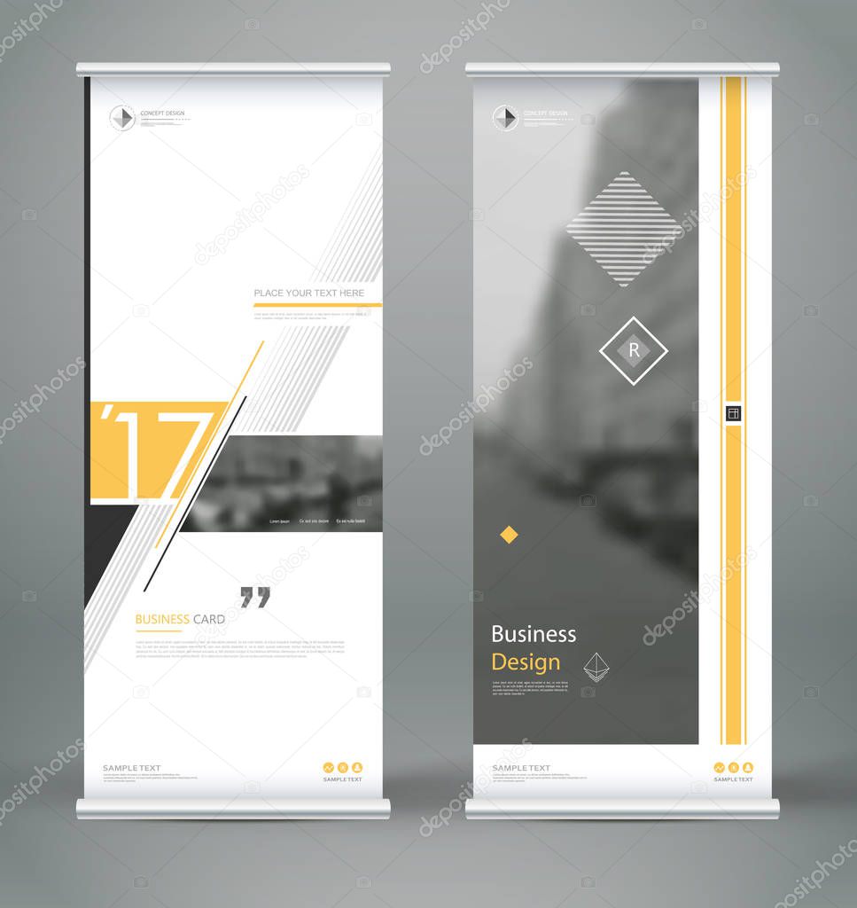 Abstract composition. White roll up brochure cover design. Info banner frame. Text font. Title sheet model set. Modern vector front page. City view brand flag. Triangle figures icon. Ad flyer