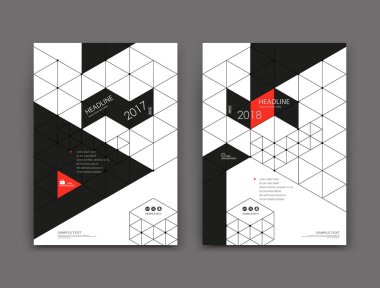 Beyaz, siyah kitap cilt mockup. A4 broşür kapağı tasarımı. Başlık sayfası modeli seti. Modern vektör ön sayfa sanat. Üçgenler dokulu tahta. Kırmızı çerçeve, nokta, çizgiler rakam, logo simgesi. Reklam el ilanı metin yazı tipi
